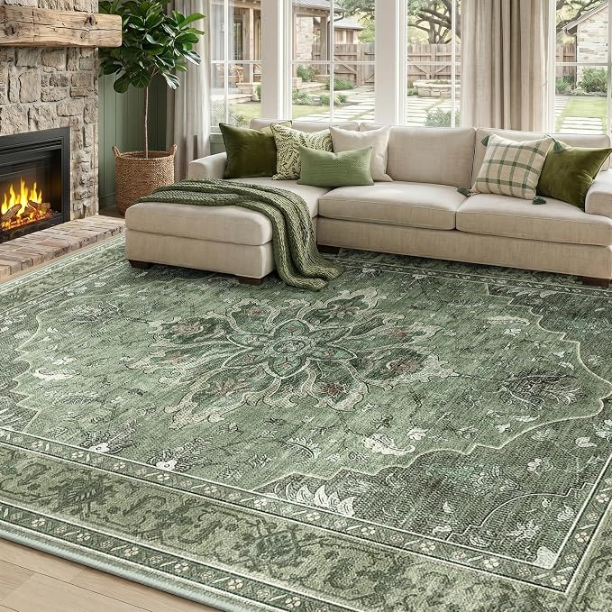 RELEANY Area Rugs 8'x10' Washable Non-Slip, Floral Vintage Distress Medallion by RELEANY