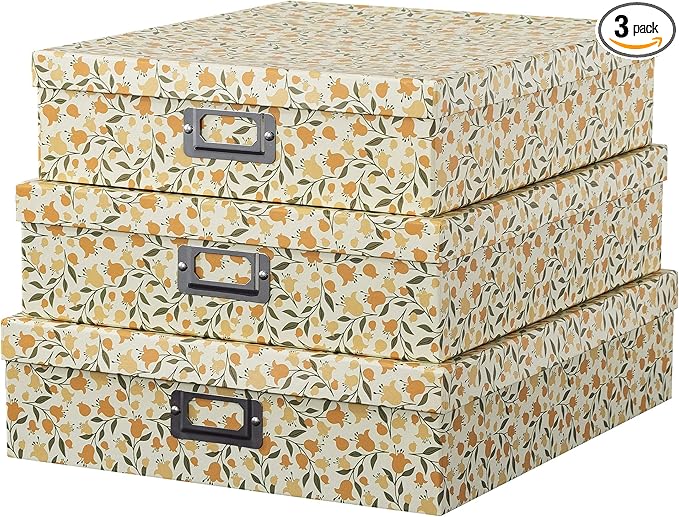 Soul & Lane Decorative Cardboard Storage Boxes With Lids, Set of 3 Nesting Floral Photo Storage for Home Décor and Scrapbook Paper, Memory Boxes For Keepsakes, Documents, Organizing