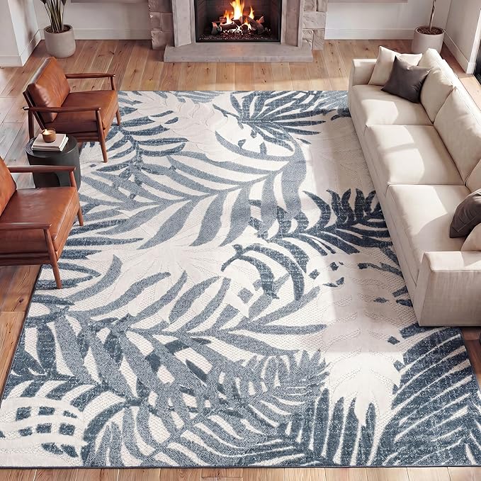 JONATHAN Y Tropics Palm Leaves Indoor Outdoor Area Rug 5x8 Cream/Dark Blue - Image 3