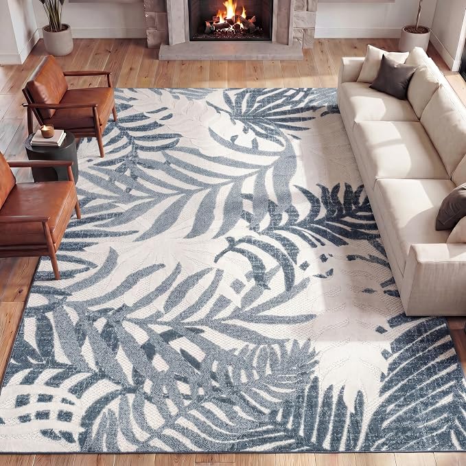 JONATHAN Y Tropics Palm Leaves Indoor Outdoor Area Rug 8X10 Cream/Dark Blue - Image 3