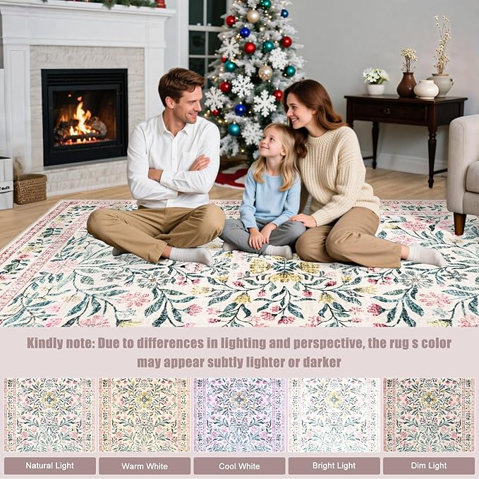 Area Rug Living Room Rugs: Floral 5x7 Washable Rug Vintage Soft Boho Non-Slip - Image 9