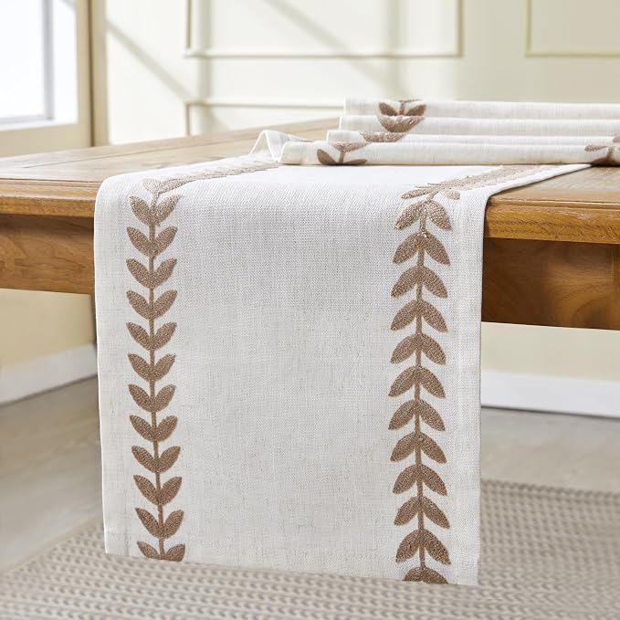 Linen Embroidered Table Runner, Taupe Table Runners 48 Inches Long | Linen - Image 5