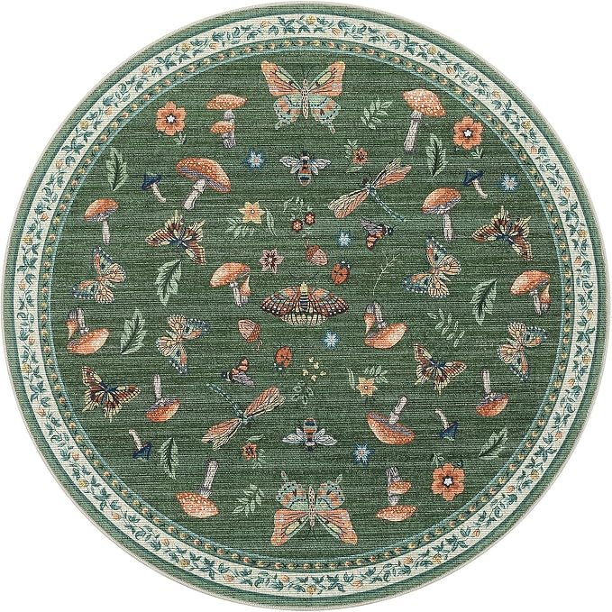 Mushroom Insect 5ft Round Rug Washable Non-Slip Soft Ultra-Thin Small Boho - Image 6