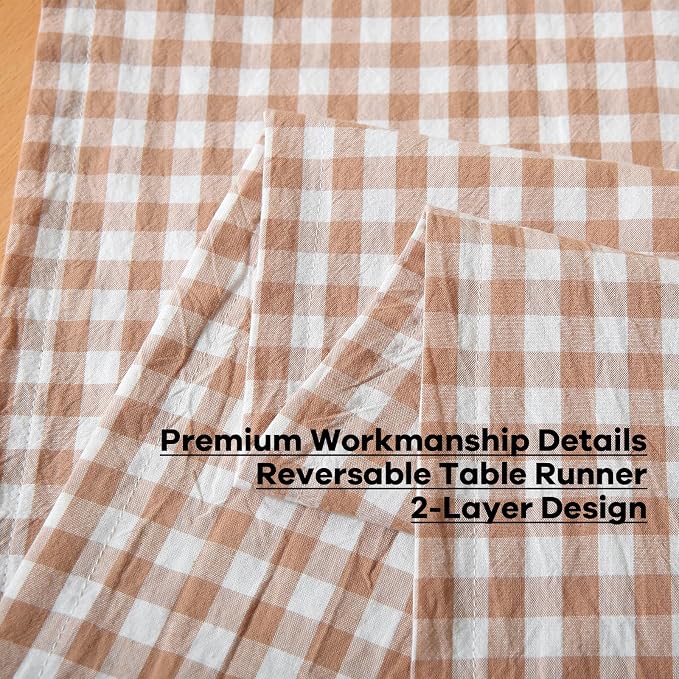 Taupe White Plaid Gingham Ruffle Table Runner 72 inches Long 100% Washed Cotton - Image 5