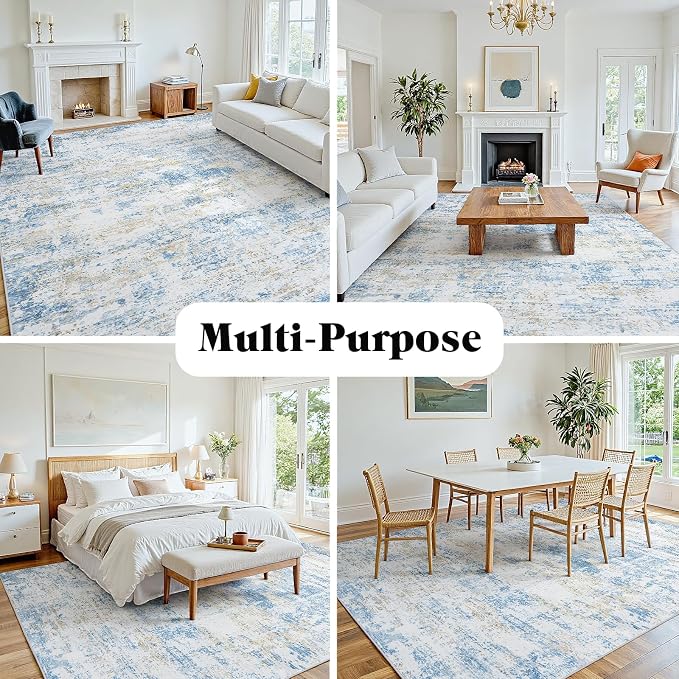 Area Rug 6x9 Living Room Rug Washable: No-Slip Abstract Soft Thin Large Blue - Image 8