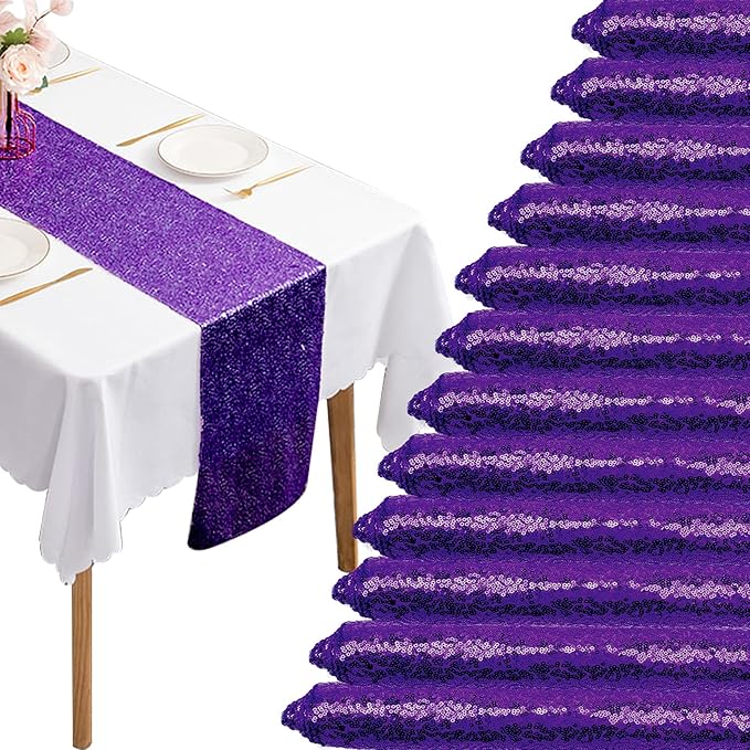 12 Packs 12 X 72 Inch Purple Sequin Table Runner Glitter Dining Table Runner by Fivenl