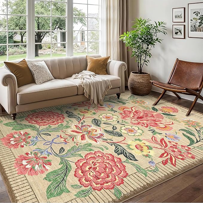 GarveeHome Floral Botanical Washable Rugs 5x7 Area Rug for Living Room, Camel Taupe Brown Vintage Boho Cottage Throw Rugs Low Pile Carpet for Bedroom Dining Nursery Rug