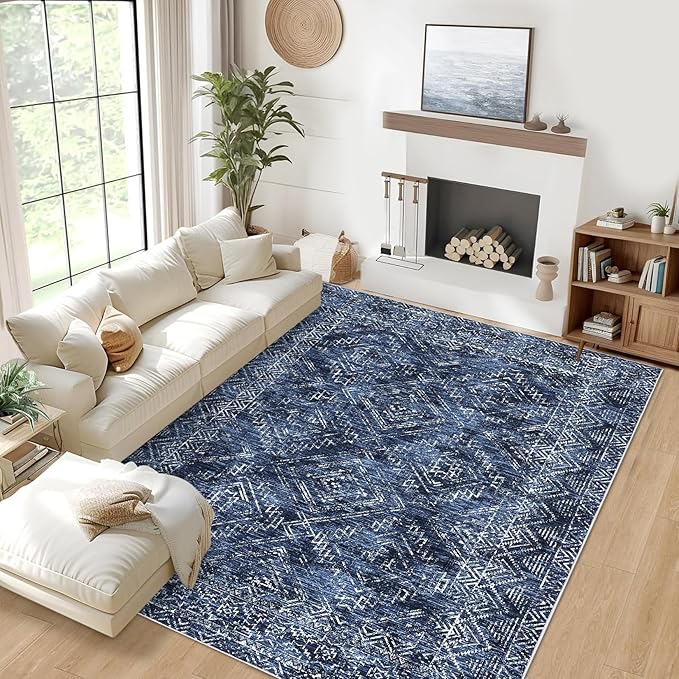 COZYLOOM Living Room Rug 9x12 Machine Washable Area Rugs Modern Abstract Floor Cover Non Slip Low Pile Geometric Mats Stain Resistant Foldable Carpet for Dining Room Bedroom, Blue