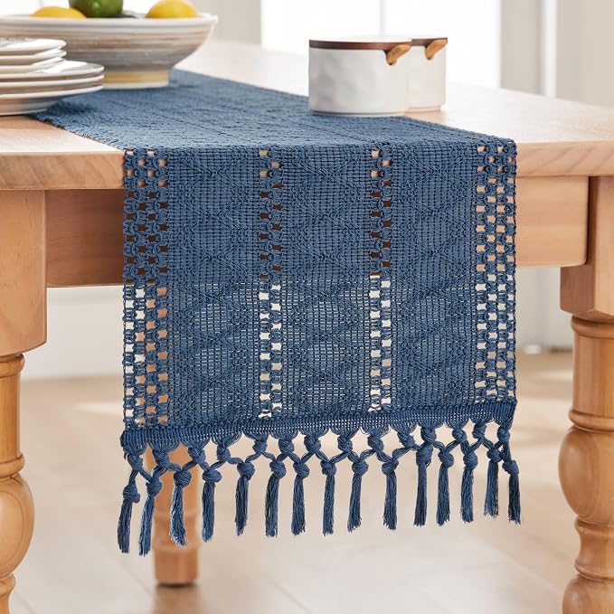 Macrame Style Boho Table Runner, 12x48 Inch Dusty Blue | Woven Boho Table Runner - Image 7
