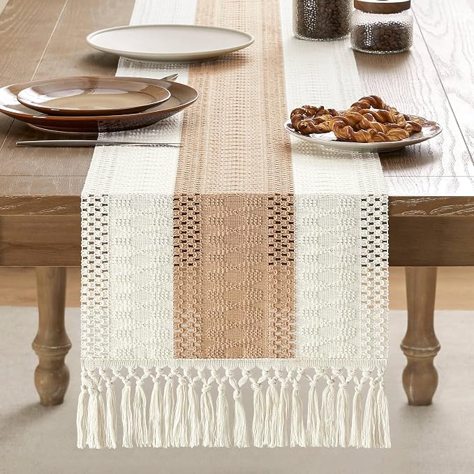 Macrame Style Bicolor Stitching Table Runner 14x90in Beige | Woven Boho Table - Image 2