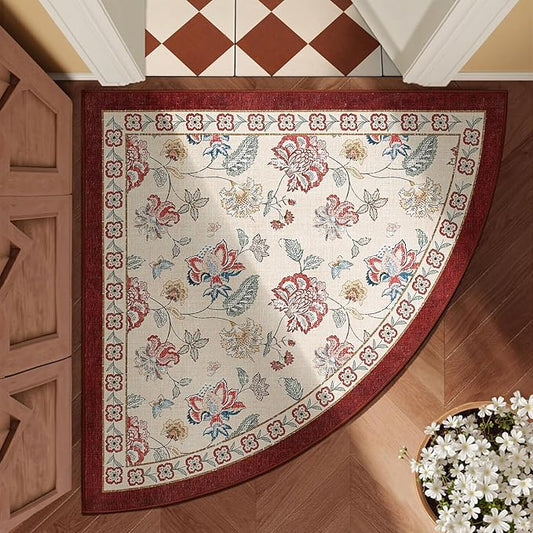 jinchan Floral Corner Rug for Entryway Washable Kitchen Rug Vintage Romance Design Non Slip Quarter Circle Lightweight Low-Pile Throw Carpet for Playroom Reading Nook Nursery, 4ft Radius, Red/Beige