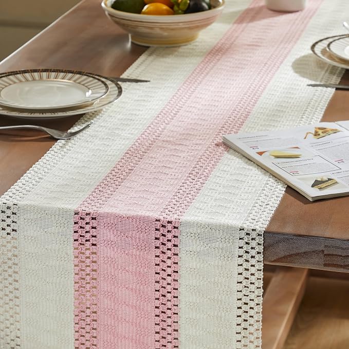 Macrame Style Bicolor Stitching Table Runner 14x48in Light Pink | Woven Boho - Image 5