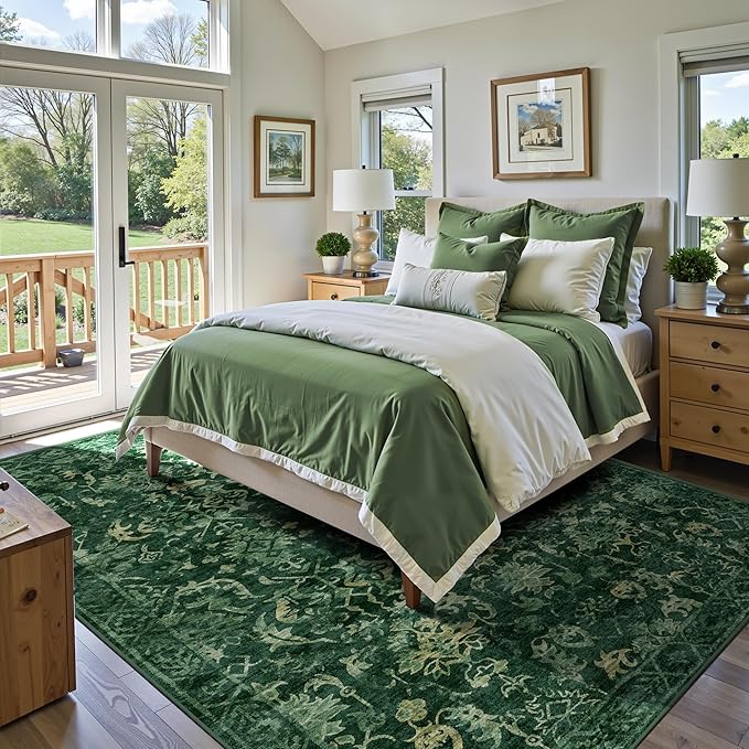 Deerly Dark Green Area Rugs 9x12 for Living Room Soft Non-Slip, Large Bedroom Rug Vintage Dining Room Rug Tribal Farmhouse Carpet for Dining Room Office Green
