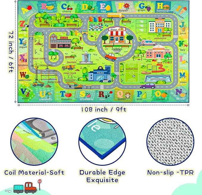 Chicrug 6x9 Car Road Area Rug for Kids Playroom Bedroom, Non Slip Low Pile Washable ABC Alphabet Carpet for Classroom, City Track Play Mat for Toddler Children Nursery Baby Room Decor, Green