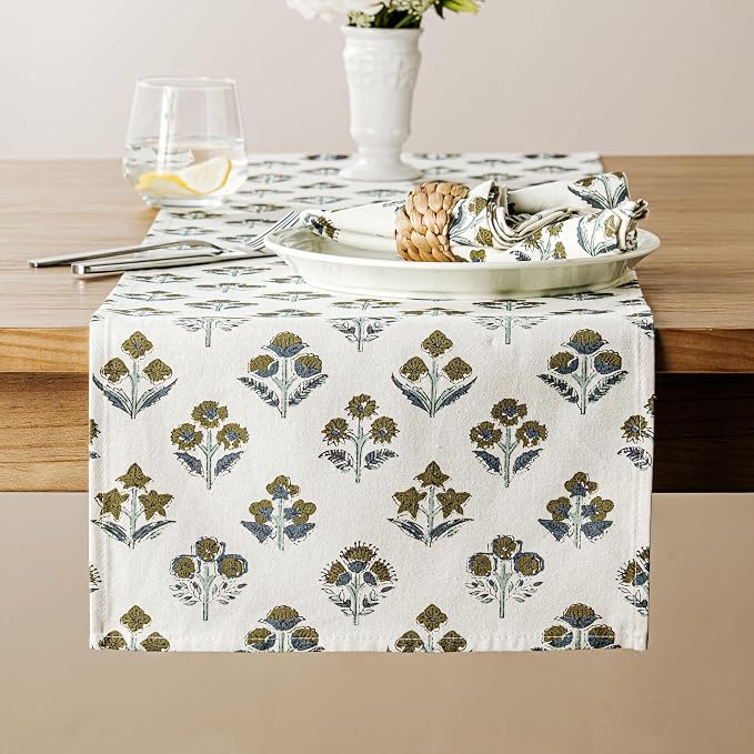 Block Print Floral Decorative Table Runners, 13x72 Inch Brown | 100% Organic by Unknown