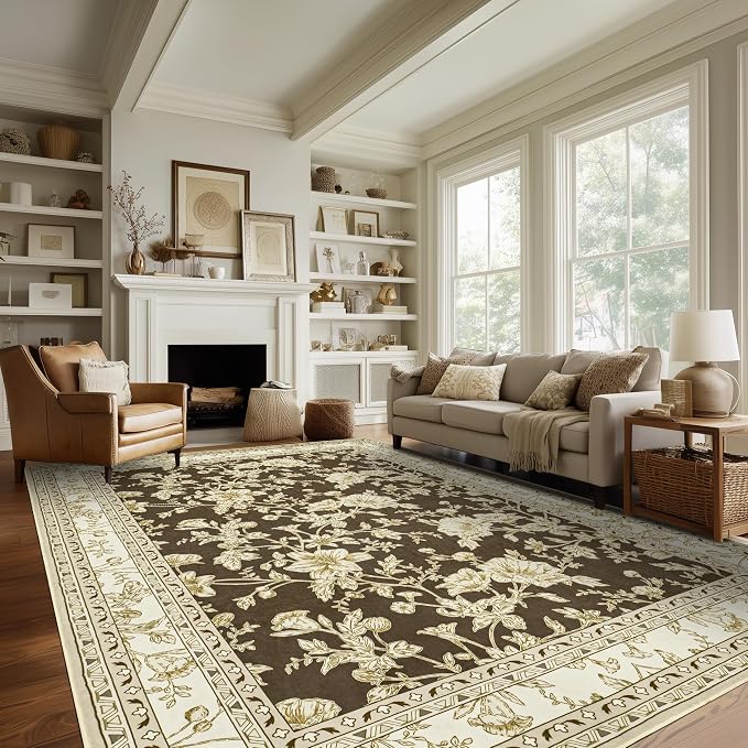 Brown Floral Print Area Rugs for Bedroom Living Room Boho Farmhouse Country - Image 8
