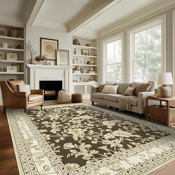 Brown Floral Rug 5x7 Machine Washable Area Rug - Image 7