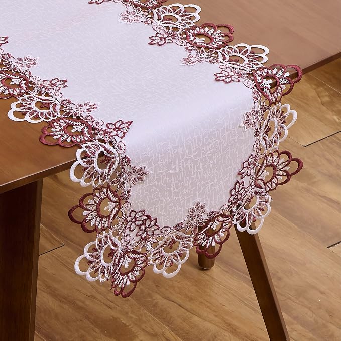 White Dark Red Jacquard Lace Floral Table Runner 108 inches | French Dresser by Raedan