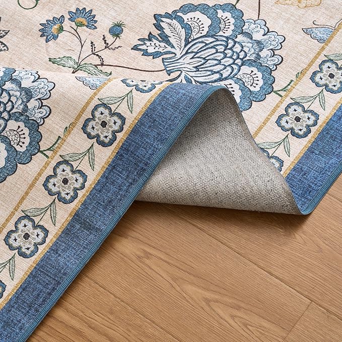 jinchan Floral Corner Rug for Living Room Washable Bedroom Rug Vintage Romance Design Non Slip Quarter Circle Lightweight Low-Pile Throw Carpet for Reading Nook Playroom,8ft Radius, Blue/Beige