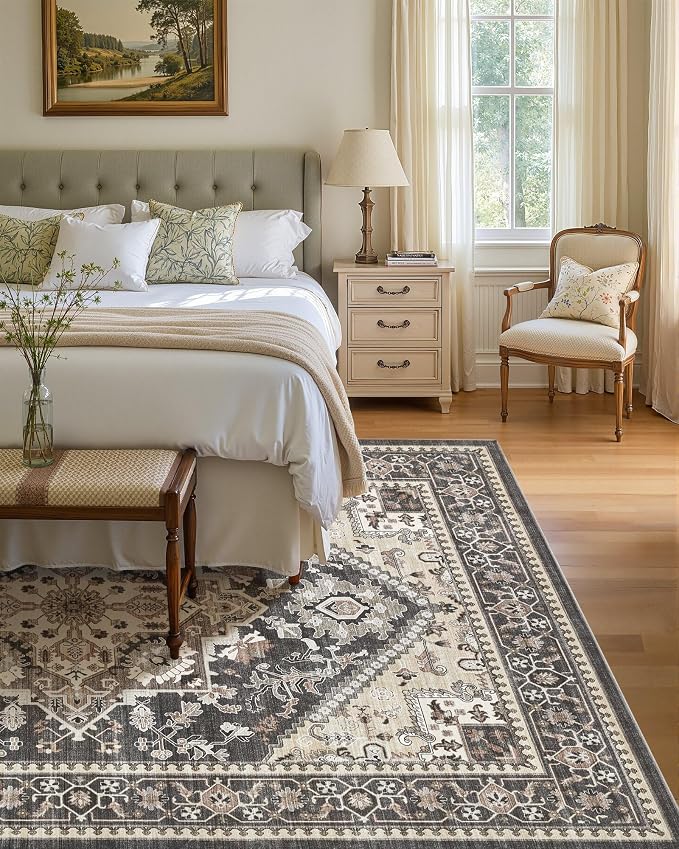 8x10 Vintage Area Rug: Washable Neutral Soft Non Slip Thin Large Floor Carpet - Image 3