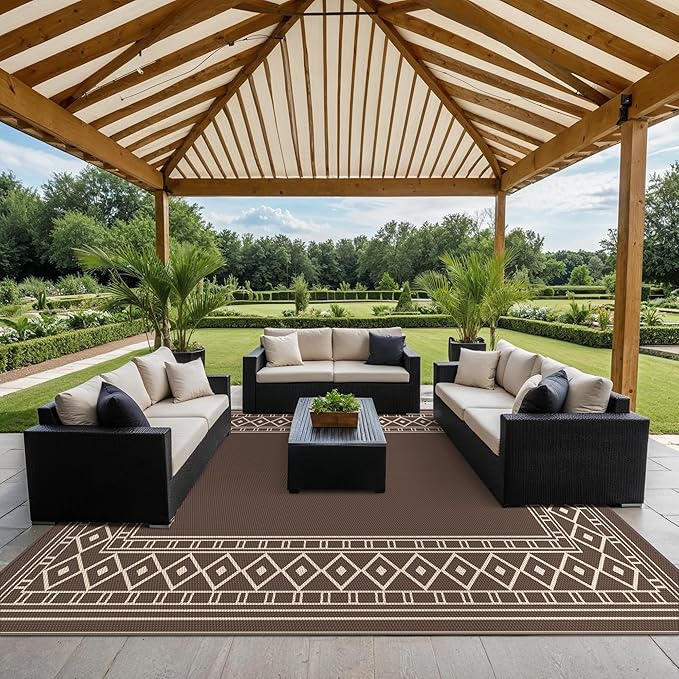 GENIMO Outdoor Rug Waterproof for Patio, Outside Area Mat for Rv, Coffee & Beige - Image 6