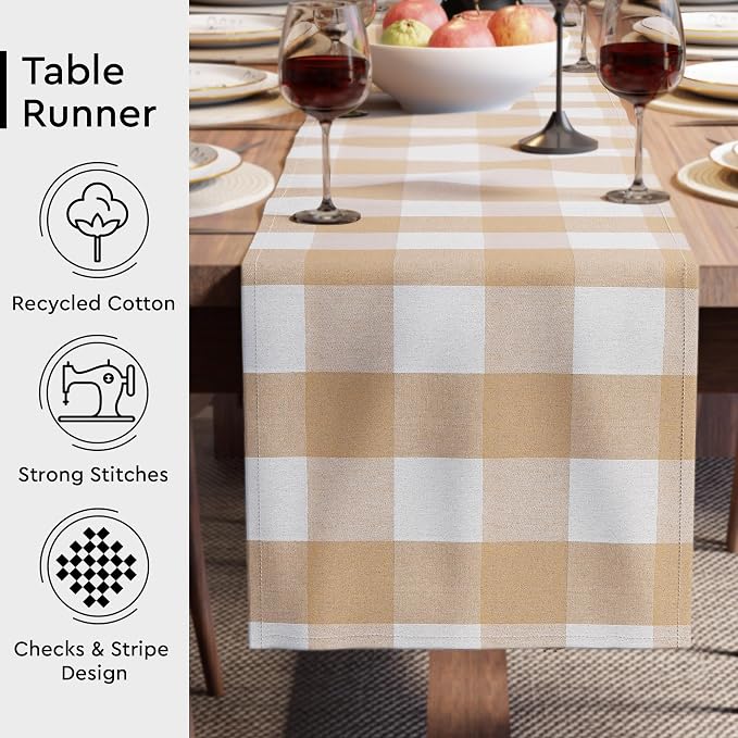 Encasa XO Table Runner, Woven Cotton Dining Runner 13"x72" Buffalo Beige Checks - Image 3