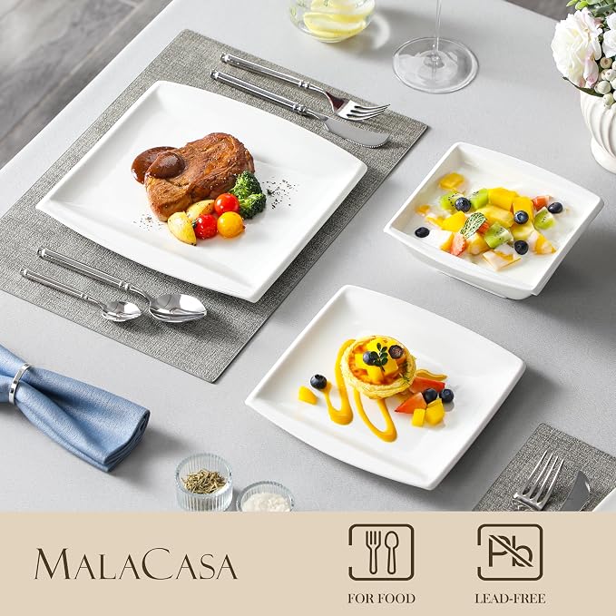 MALACASA 30 Piece Porcelain Dinnerware Set, Square Plates and Bowls - Image 3