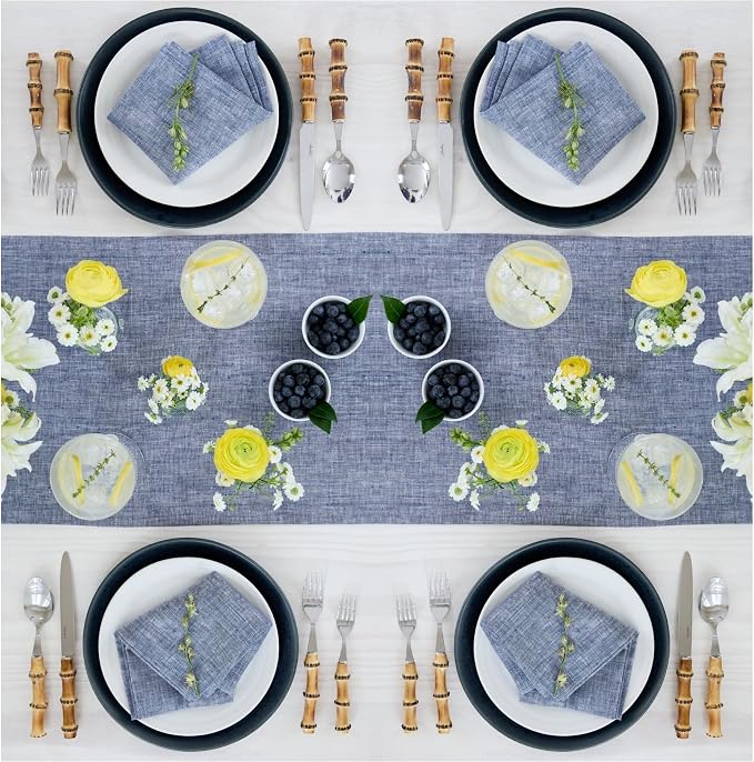 Solino Home 100% Pure Linen Table Runner Indigo Long, Athena 14 x 132 in | - Image 3