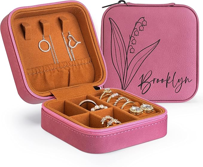 Custom Leather Jewelry Box w/Name & Birth Flower Month - Birthday Gifts for Women, Personalized Jewelry Travel Case - Customized Jewelry Organizer Box, Mom Birthday Gifts - Pink
