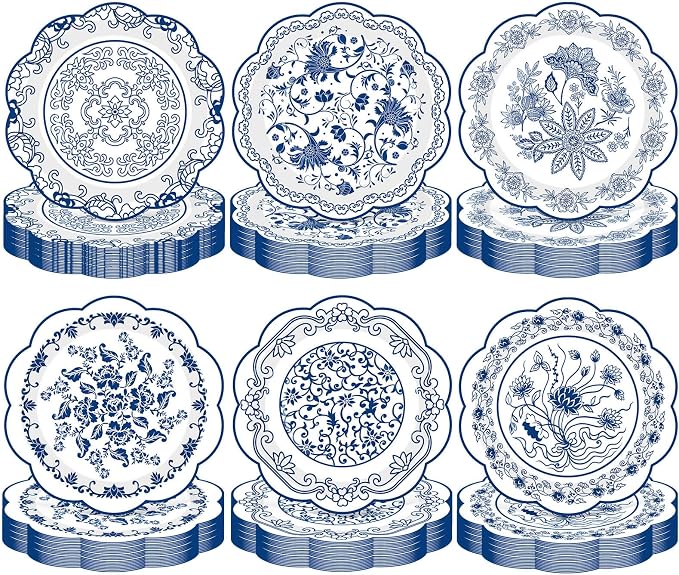 120 Pcs Blue Floral Party Plates 7 Inch Vintage Disposable Paper Plates Blue by Umigy