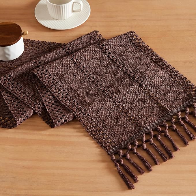Macrame Style Boho Table Runner, 12x108 Inch Chocolate | Woven Boho Table Runner by ZEEMARTONLINE