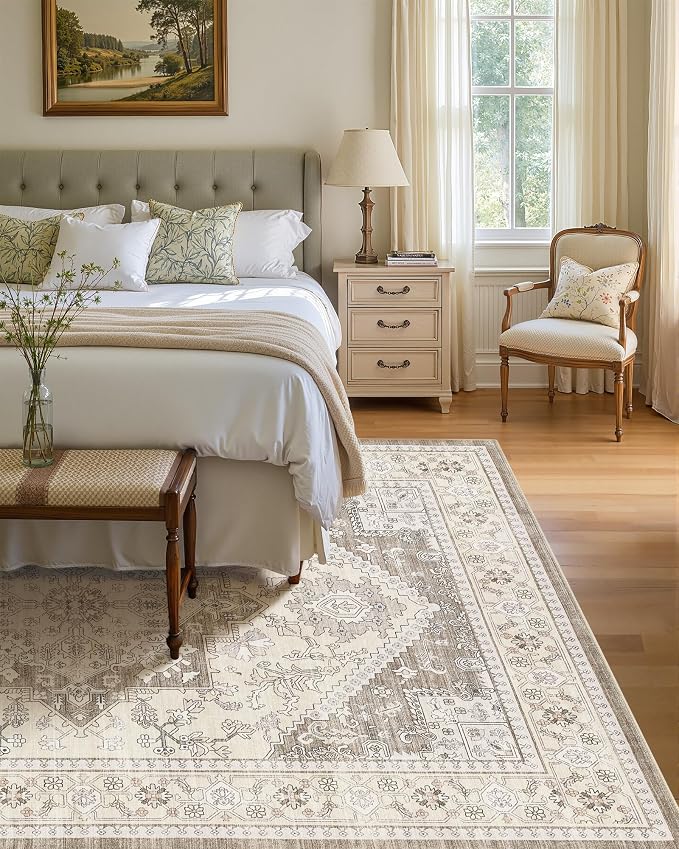 6x9 Vintage Area Rug: Washable Neutral Soft Non Slip Thin Large Floor Carpet - Image 3