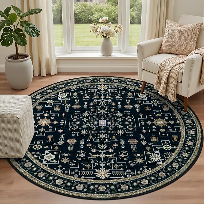 Round Area Rug for Living Room: 6ft Washable Vintage Boho Soft Thin Circle Rug - Image 2