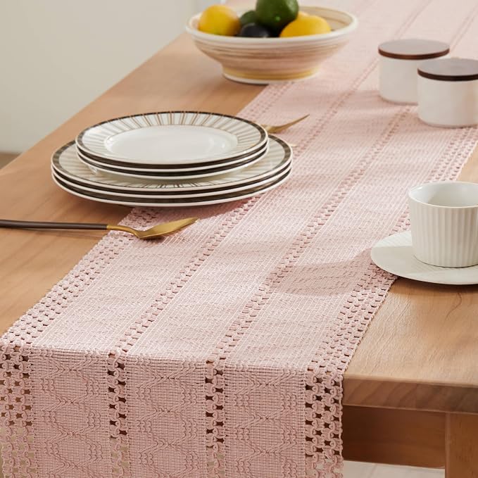 Macrame Style Boho Table Runner, 12x48 Inch Light Pink | Woven Boho Table Runner - Image 5