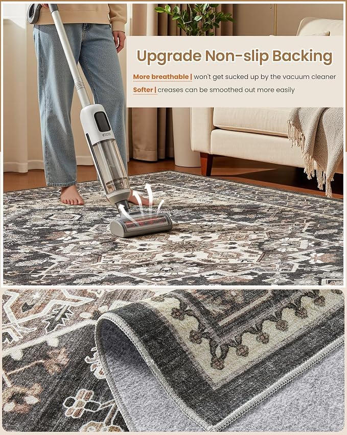 5x8 Vintage Area Rug: Washable Neutral Soft Non Slip Thin Large Floor Carpet - Image 6