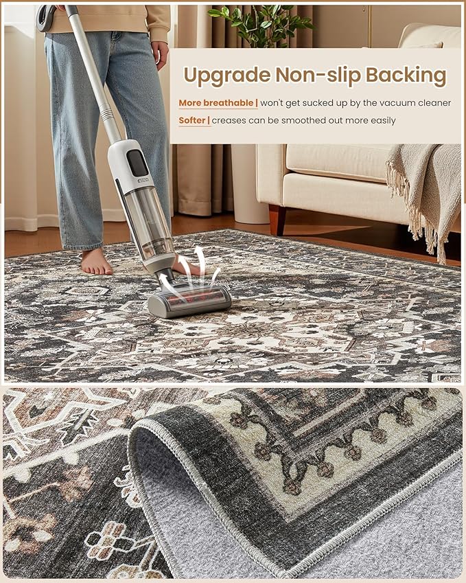 8x10 Vintage Area Rug: Washable Neutral Soft Non Slip Thin Large Floor Carpet - Image 5