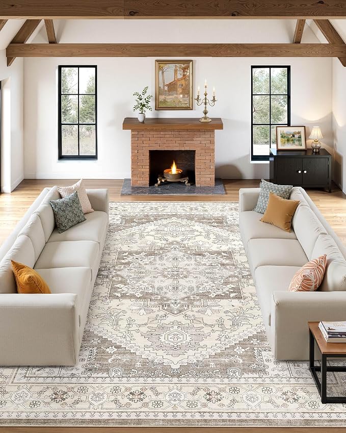 12x15 Vintage Area Rug: Washable Neutral Soft Non Slip Thin Large Floor Carpet by MICGEEK
