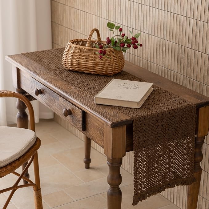 Fall Thanksgiving Boho Macrame Brown Table Runner 13x60 Inch | Woven Burlap - Image 4