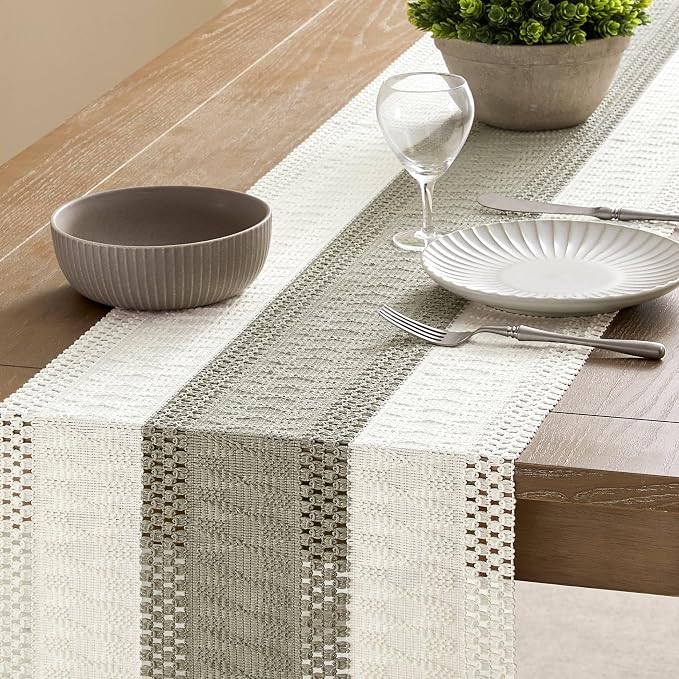 Macrame Style Bicolor Stitching Table Runner 14x48in Dark Sage | Woven Boho - Image 4