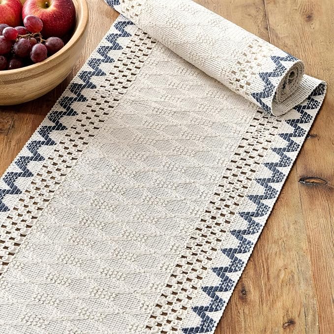 Macrame Side Trim Boho Woven Table Runner, Dusty Blue 12x72 Inch | Crochet - Image 4