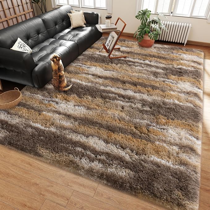 Shag Rugs for Living Room 6x9, Ultra Soft Abstract Brown Big Fuzzy Rugs for - Image 3
