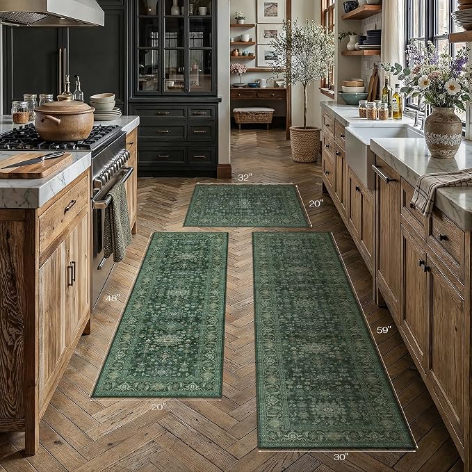 Kitchen Rug Set of 3 Washable Green Vintage Kitchen Mats - Image 5