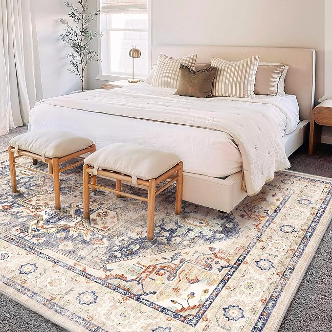 CHAMPLANT Area Rug 5'x7' Blue Khaki Washable Vintage Traditional Floor Cover - Image 2