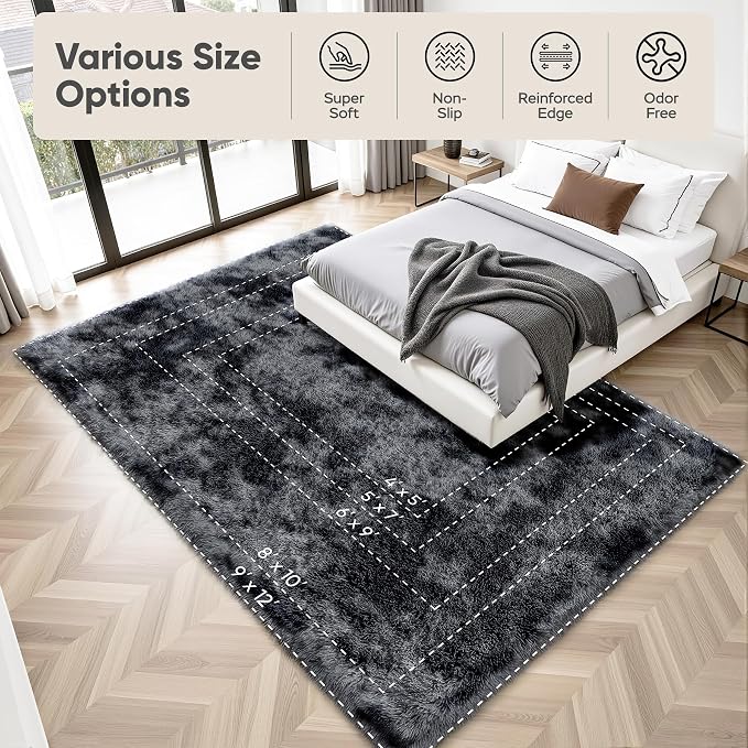 8x10 Area Rugs for Living Room Bedroom: Black Grey Soft Fluffy Shag Upgrade - Image 8