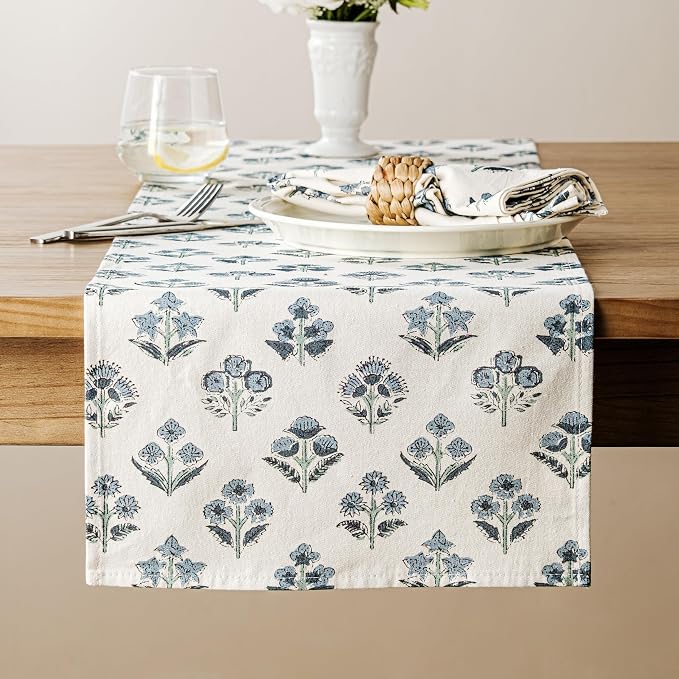 Block Print Floral Decorative Table Runners, 13x90 Inch Dusty Blue | 100% by Unknown