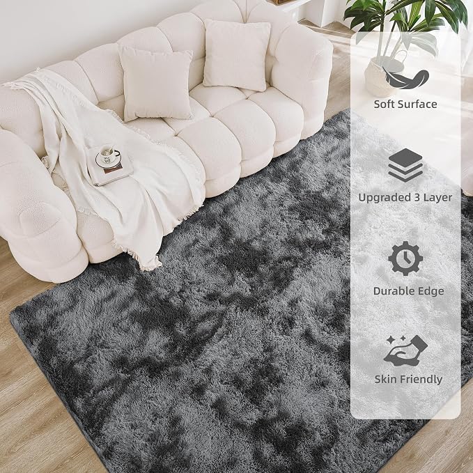 Litanika 4x6 Shag Area Rug for Living Room Bedroom, Tie-Dyed Dark Grey High - Image 4