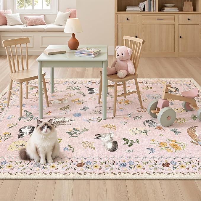 Soalmost Cat 3x5 Area Rugs for Entryway, Machine Washable Animal Floral Accent - Image 2