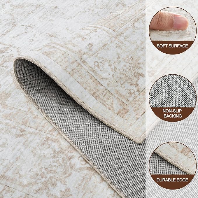 9x12 Area Rugs for Living Room:Beige Washable Vintage Medallion Rug Non-Slip - Image 8