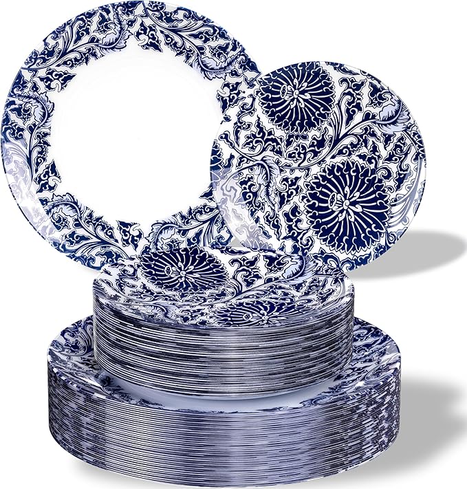 Blue Plastic Plates, Floral Disposable Plates, anniversaries, or holidays. by Hioasis