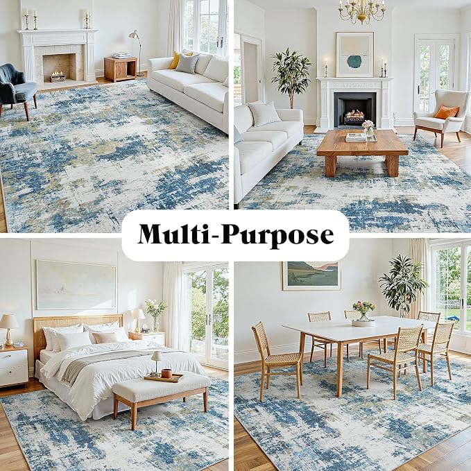 Area Rug 9x12 Living Room Rug Washable: No-Slip Abstract Soft Thin Large Blue - Image 9
